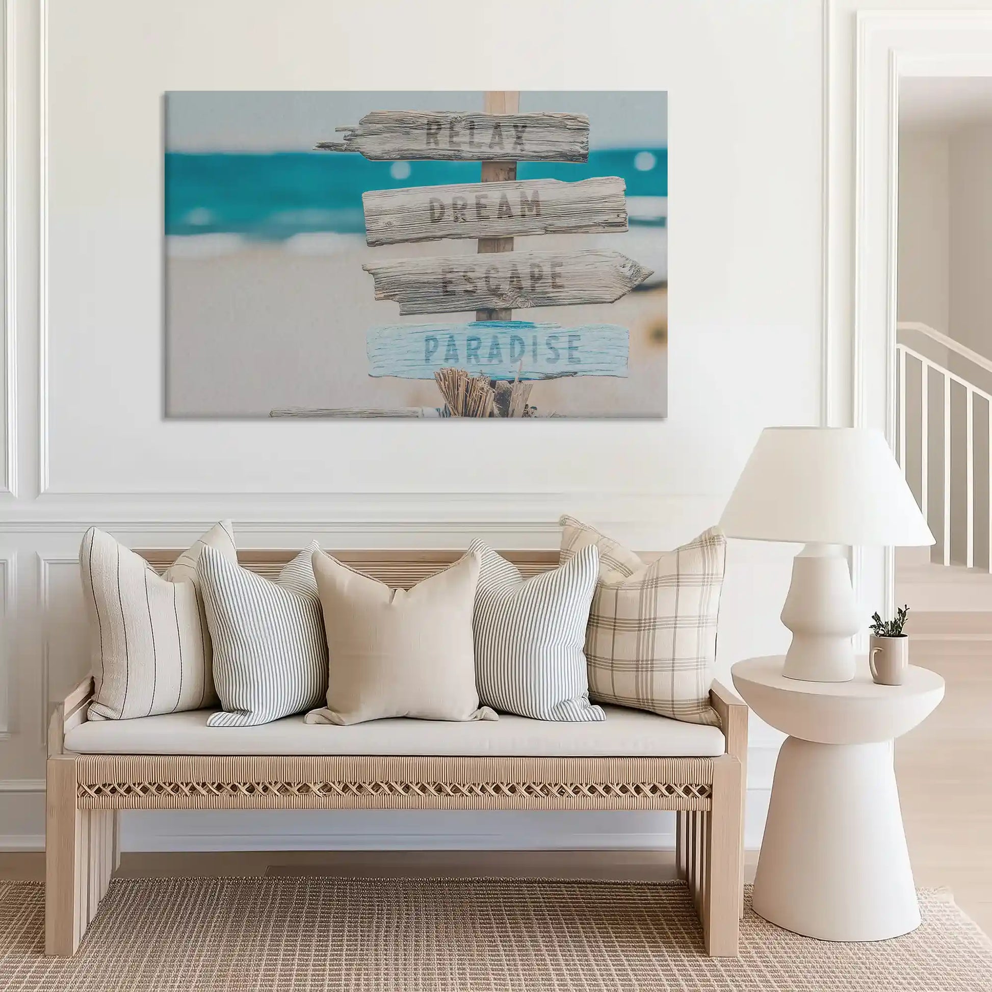 Large paradise beach sign canvas print perfect for above sofa placement in airy rooms