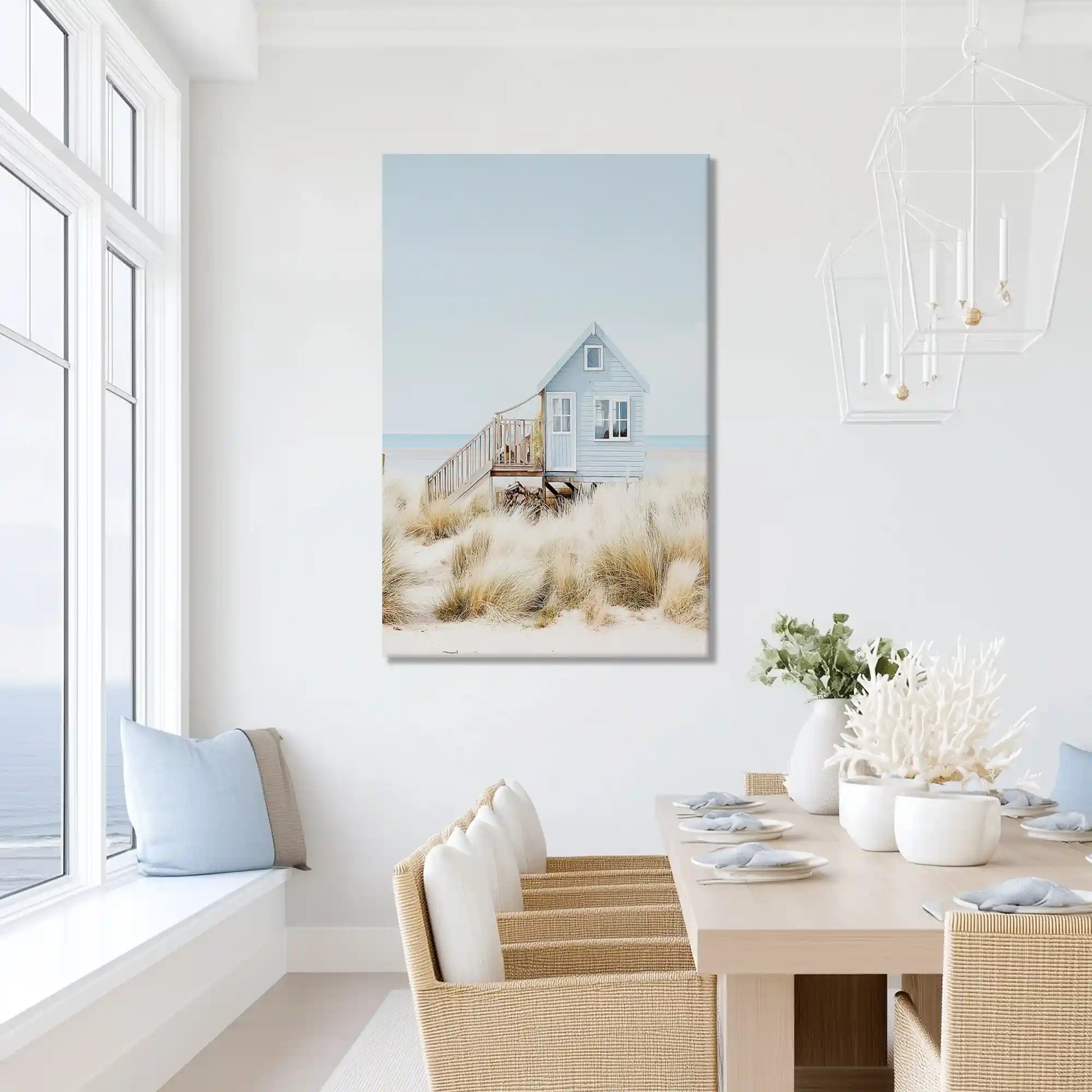 Oversized beach house canvas wall art for serene bathroom retreat