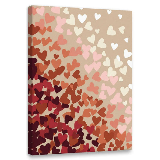 Pop art canvas wall decor featuring scattered red and pink hearts with a bold diagonal flow on a warm-toned background