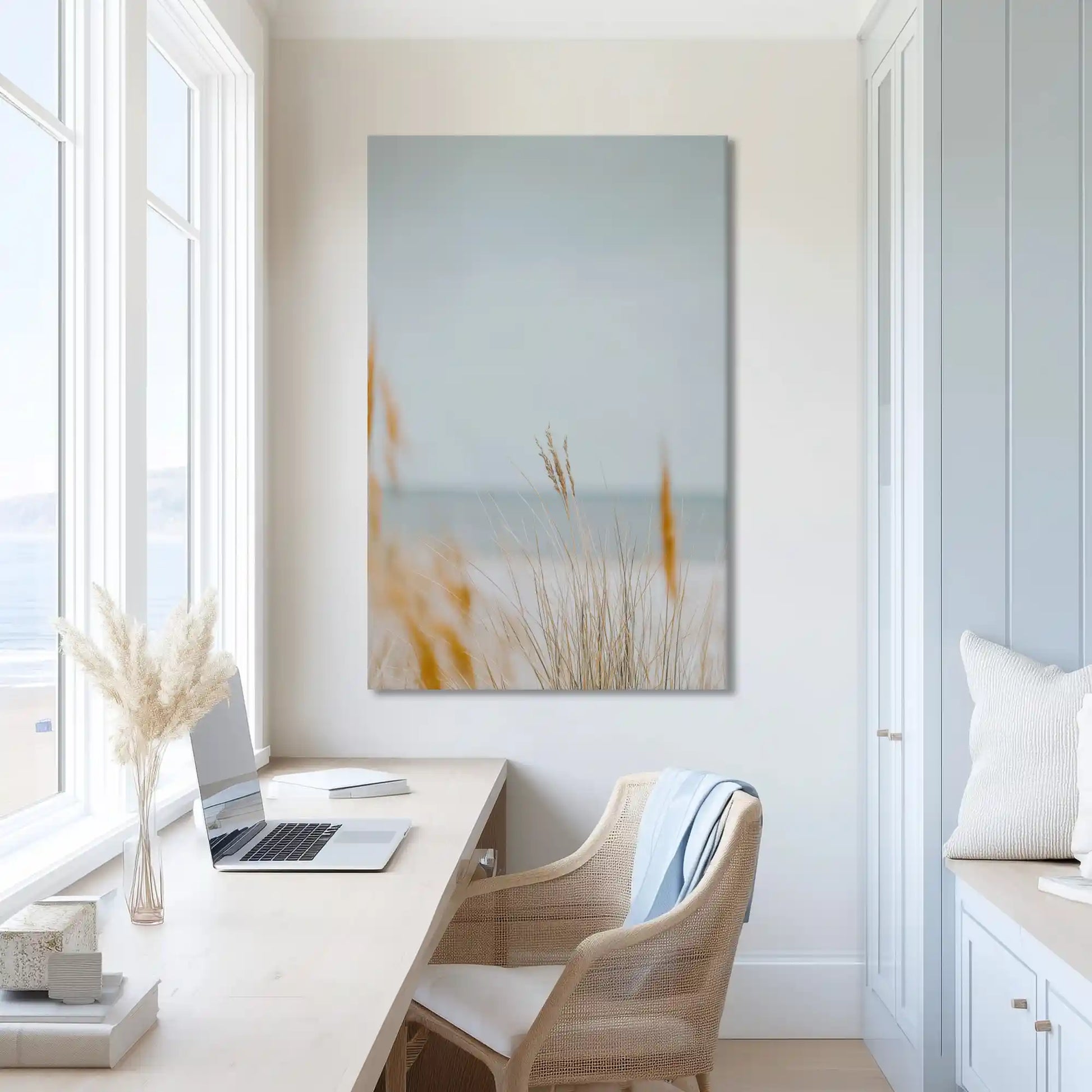 Muted coastal reeds canvas print adding warmth to contemporary decor