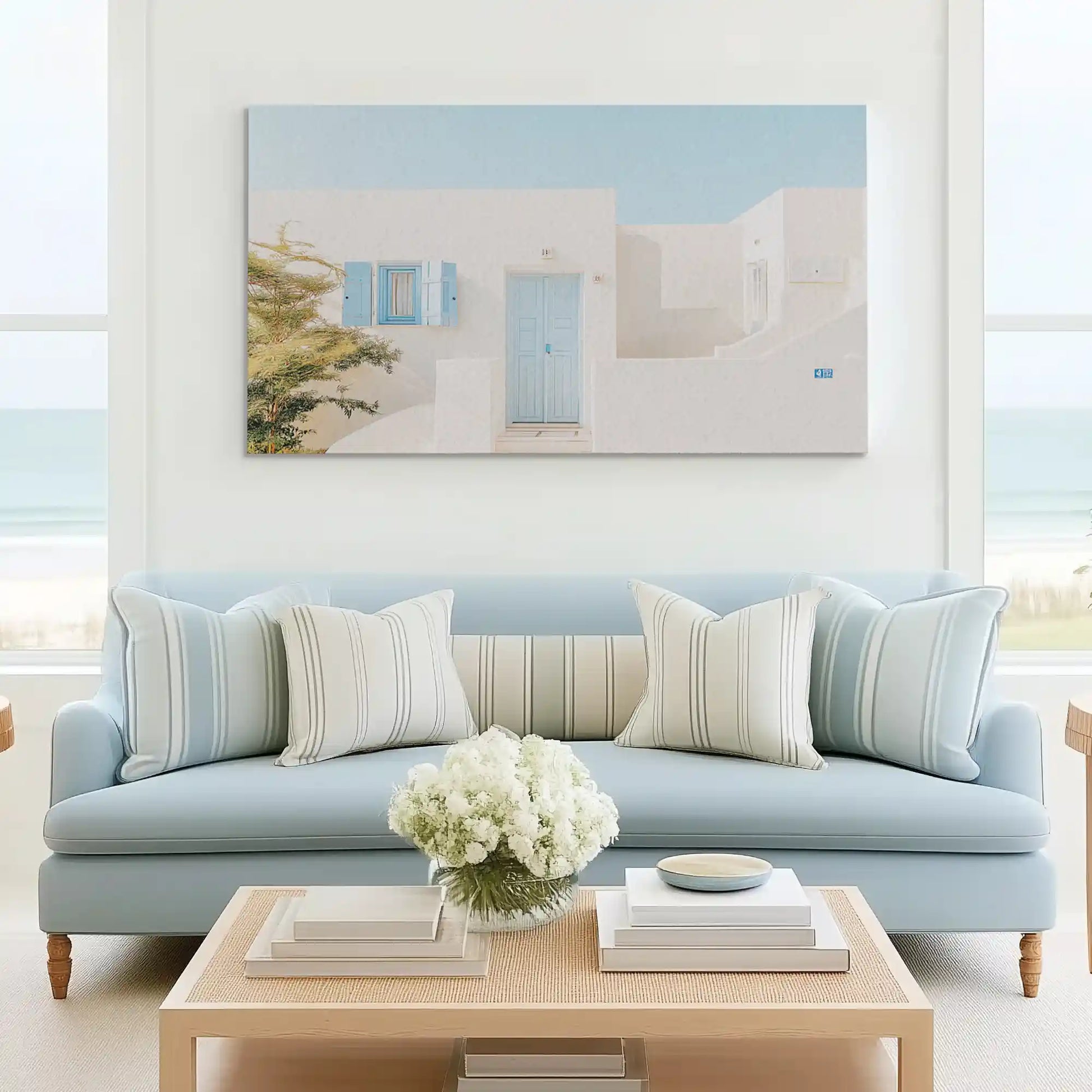 Tranquil Greek island canvas wall art complementing modern coastal-inspired décor
