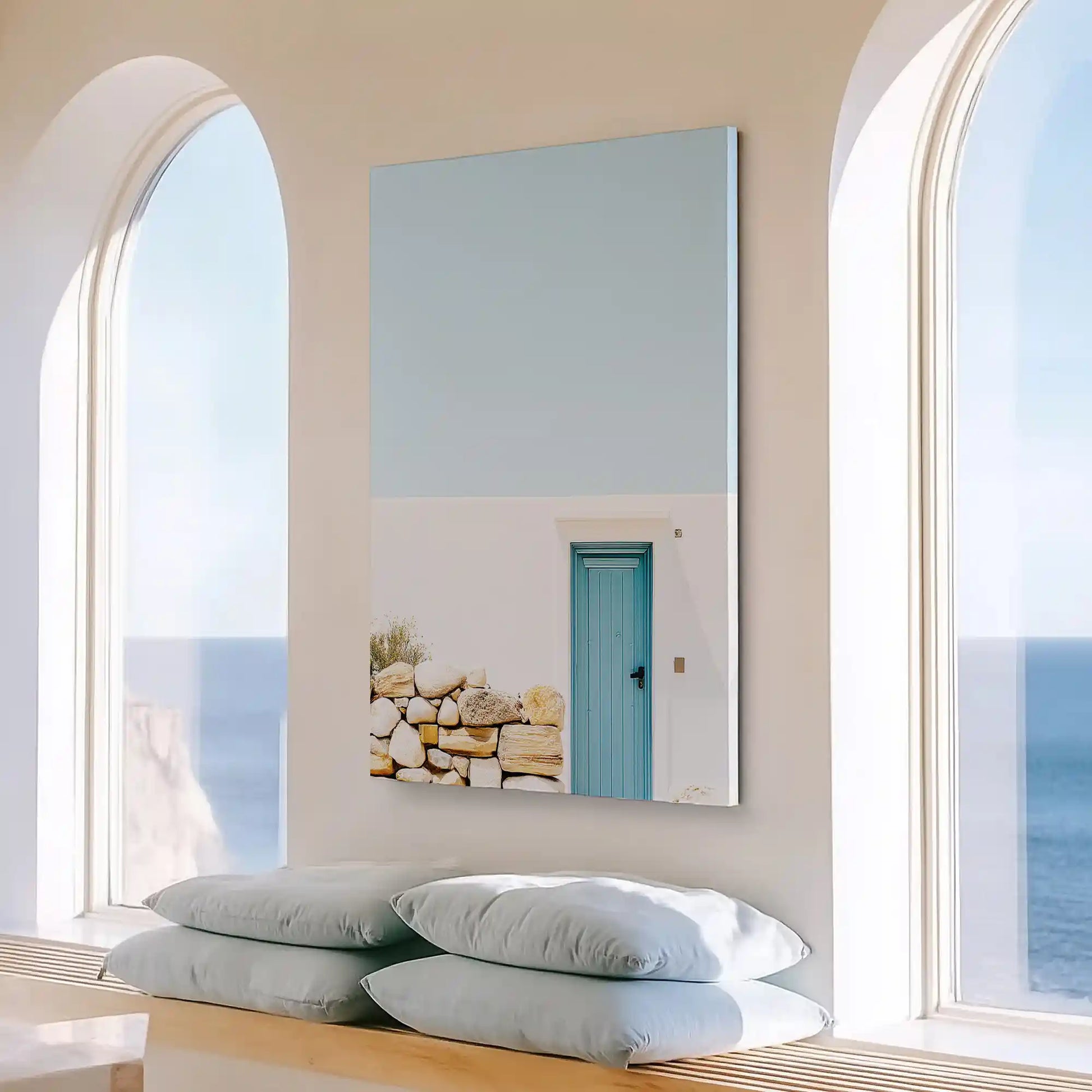 Large vertical Mediterranean doorway painting perfect for enhancing contemporary living room walls