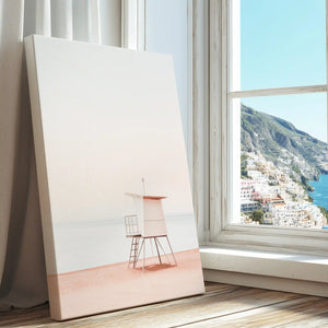Lifeguard tower on quiet shore captured in a coastal canvas print with minimalist style