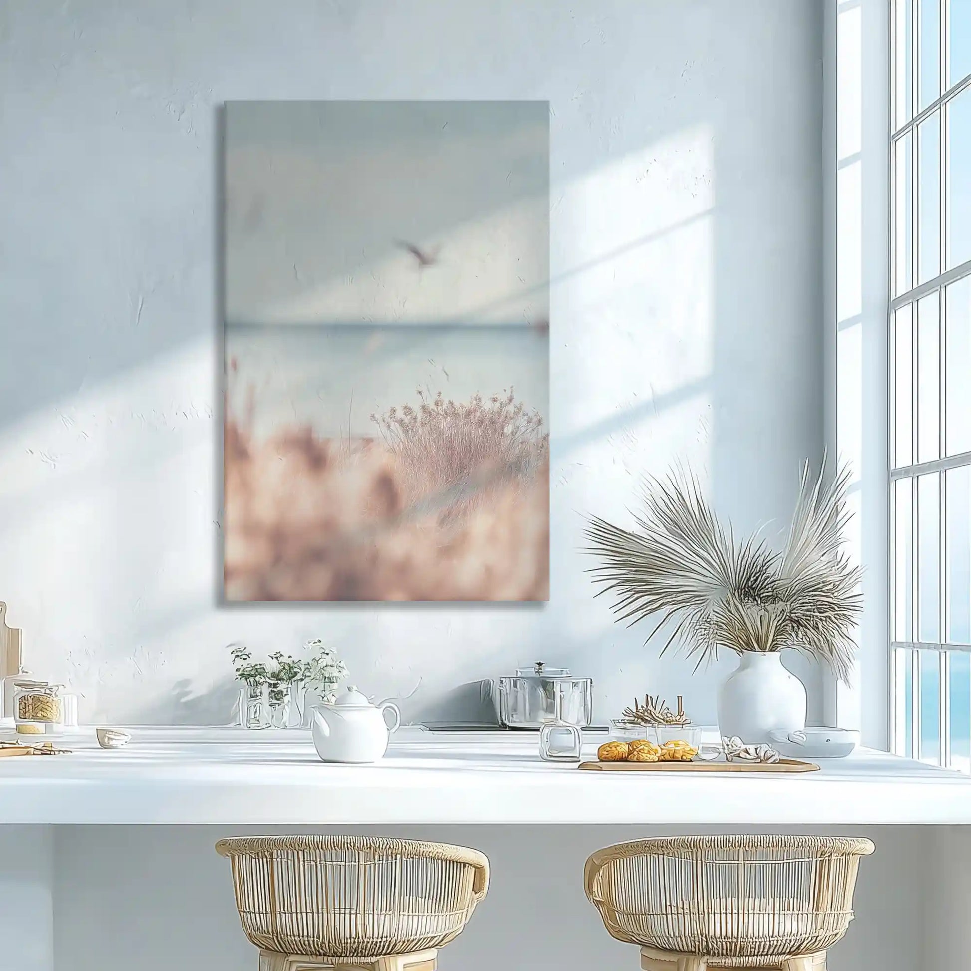 Seaside field wall decor enhancing dining room with soft coastal elegance