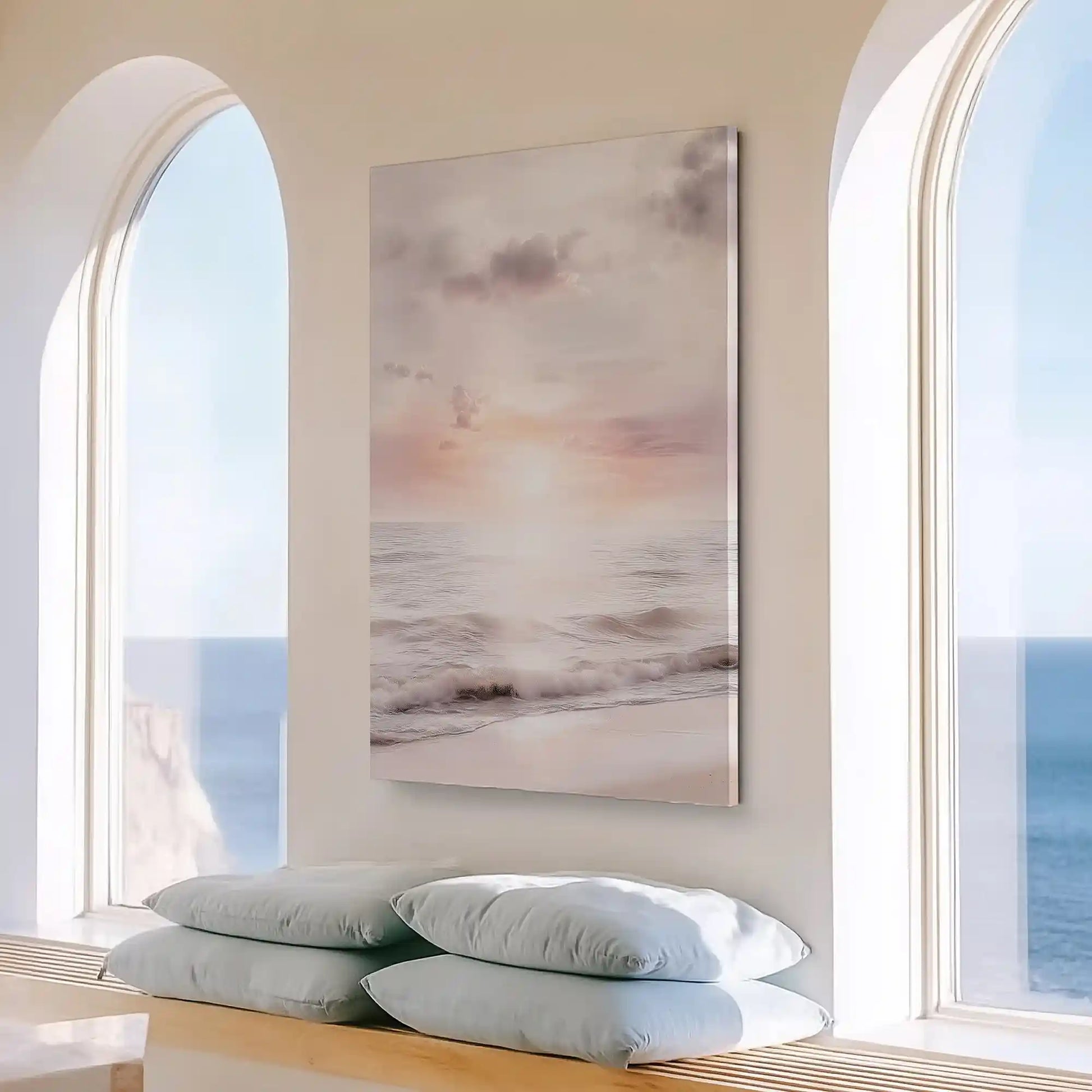 Large vertical beach sunrise painting perfect for enhancing contemporary living room walls