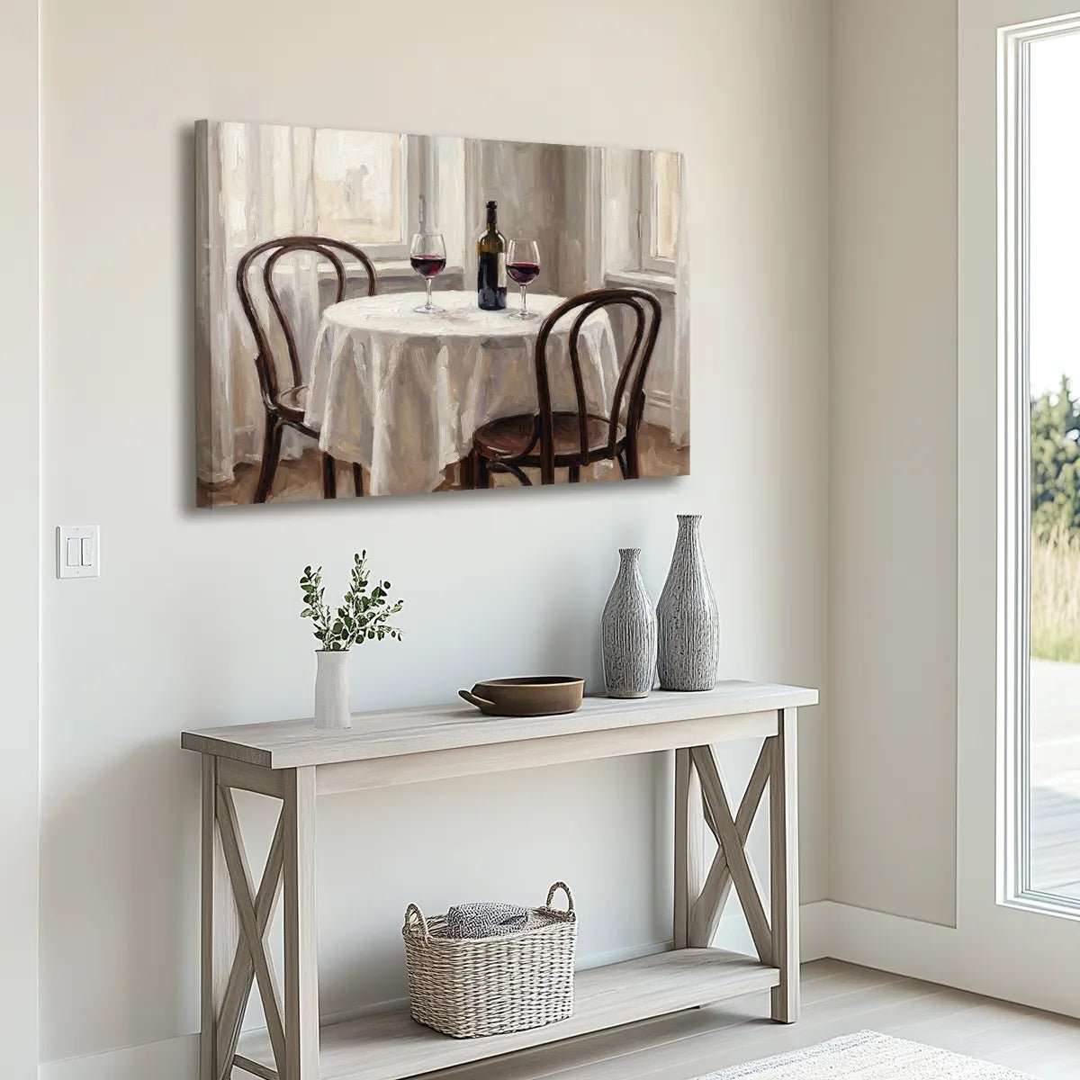 Fine art canvas showing a symmetrical dining scene with wooden chairs and a wine bottle in a calm, cozy atmosphere