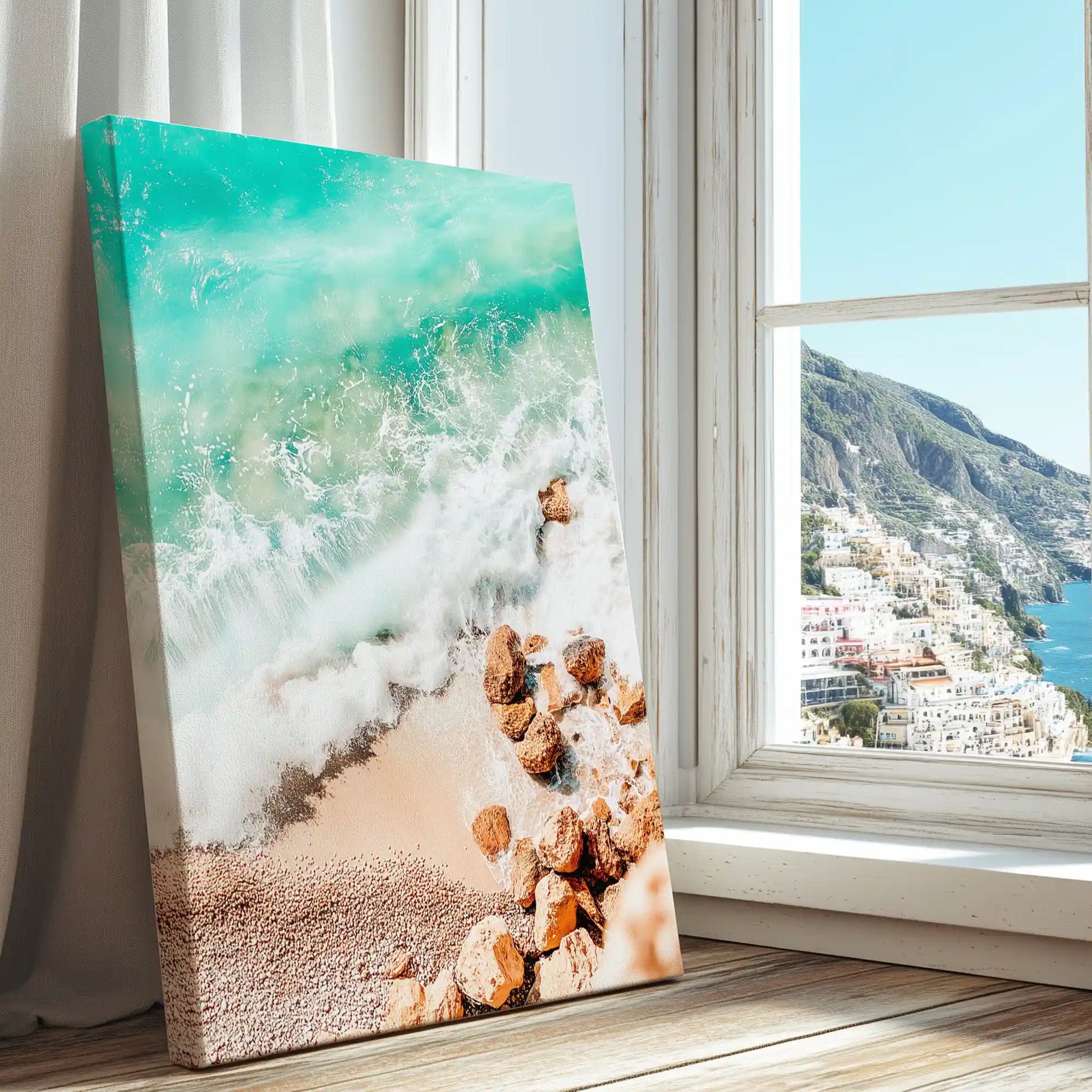 Sunrise over gentle waves captured in a coastal canvas print with soft minimalist style
