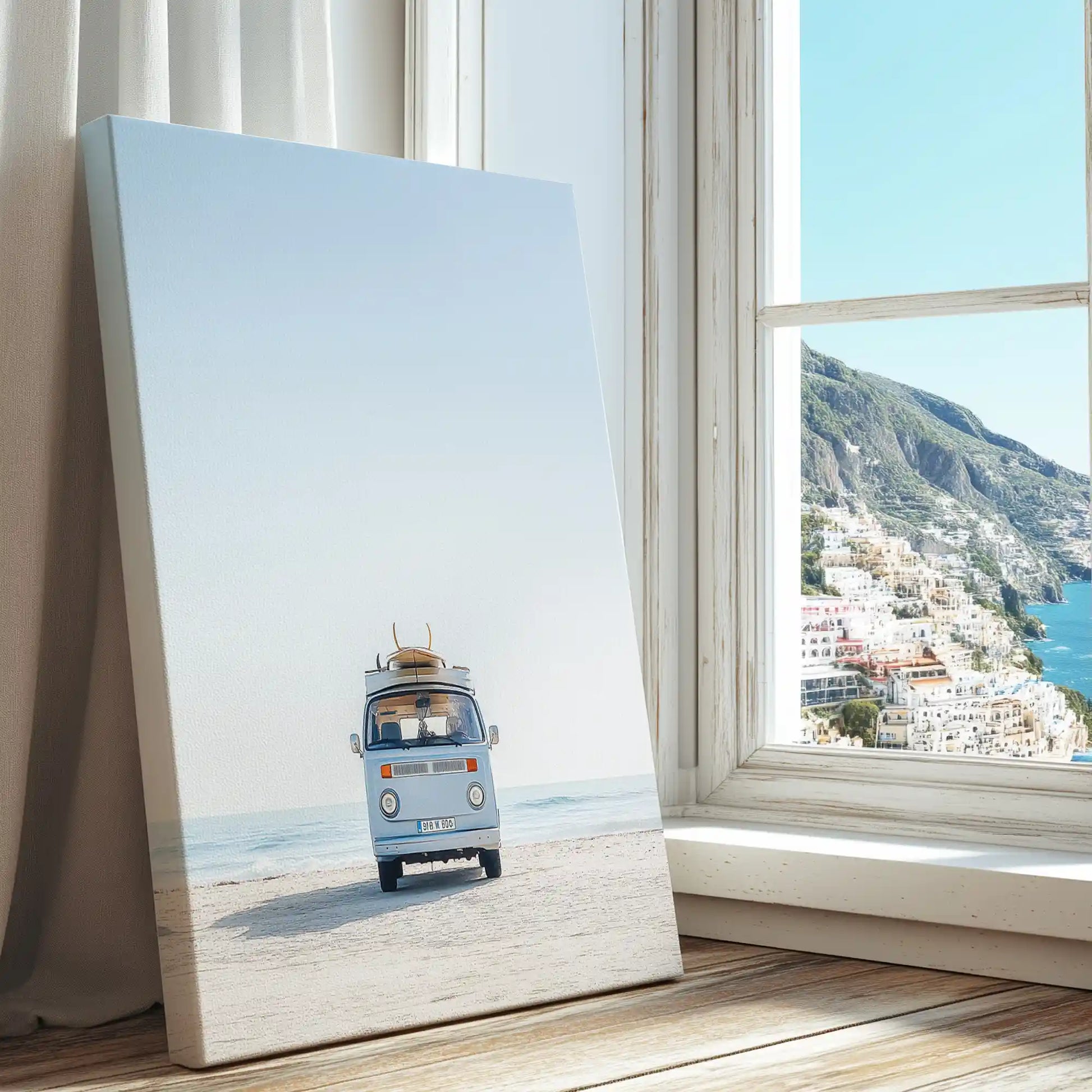 Classic surf van by the shore captured in canvas print with retro style