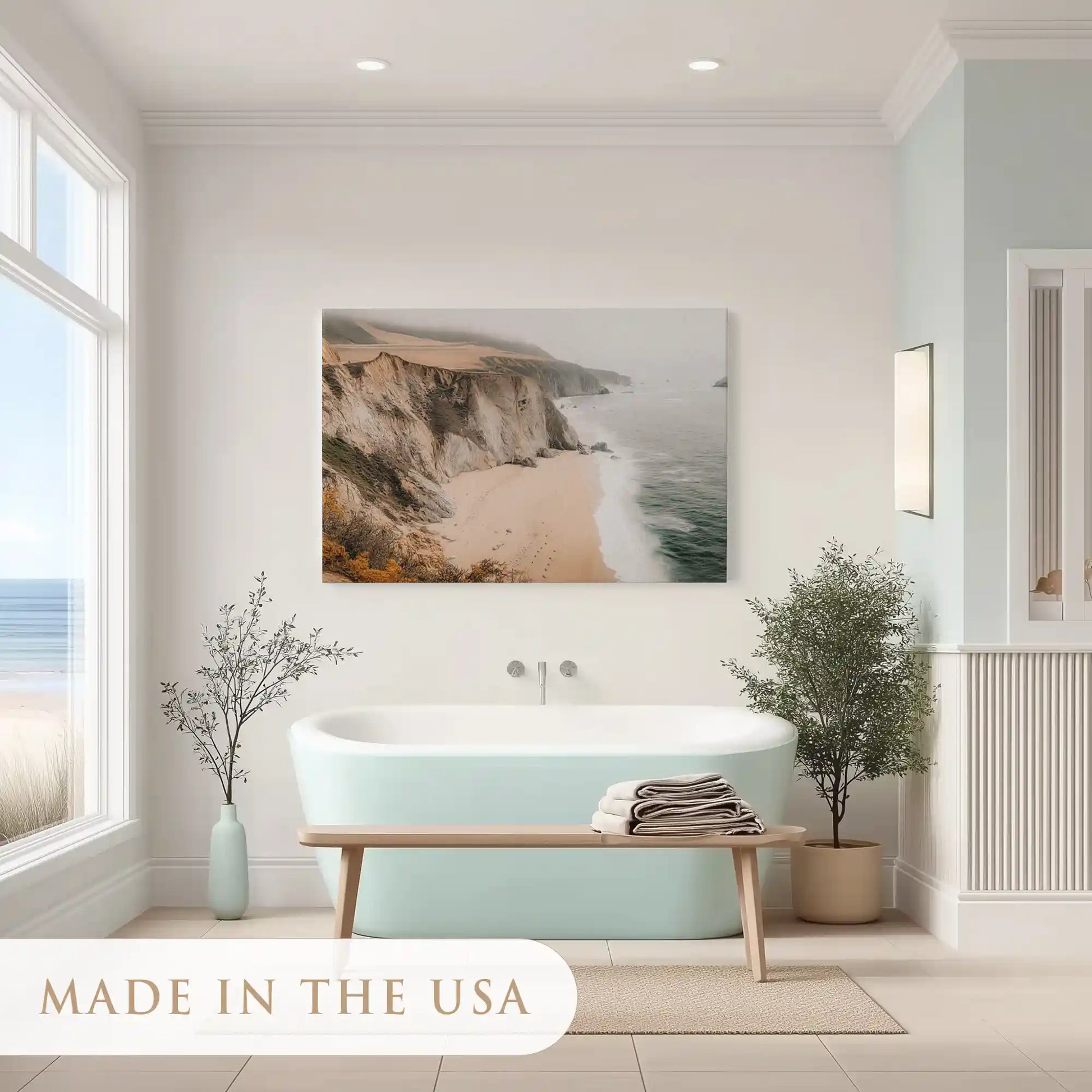 Relaxing seaside cliff painting enhancing contemporary wall decor with soft neutral tones