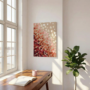 Romantic pop art canvas print with clustered hearts dispersing diagonally across a warm, muted color palette