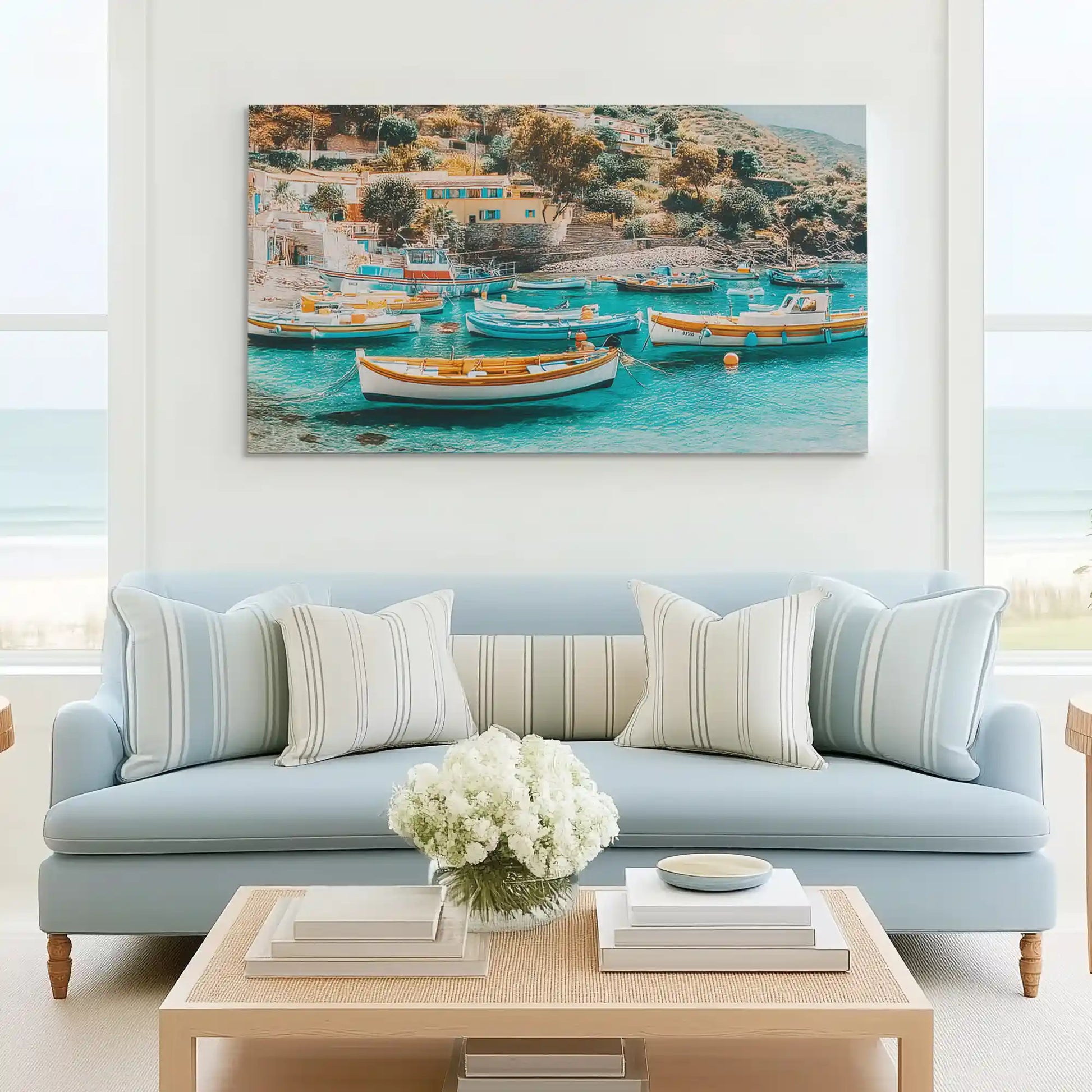 Vivid coastal village canvas wall art complementing bright contemporary décor