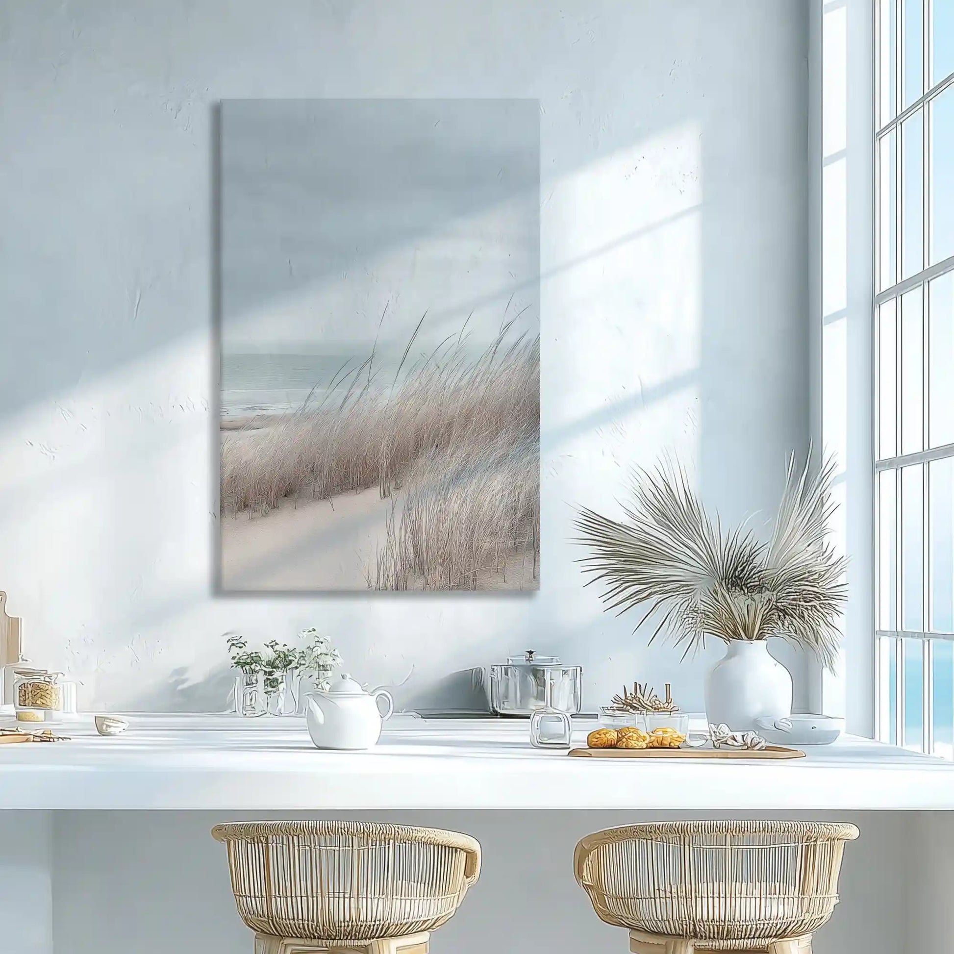 Coastal dune wall decor enhancing dining room with serene elegance