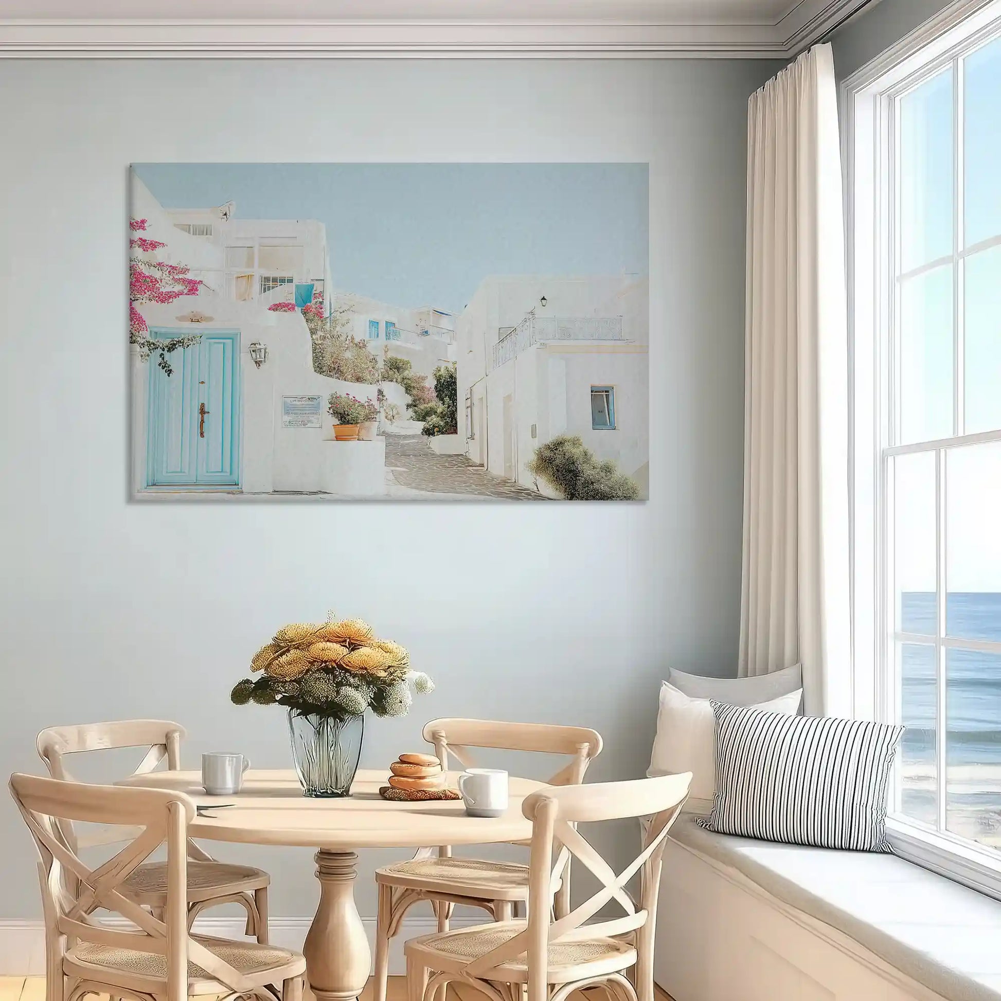 Coastal architecture painting captured in canvas art with Mediterranean style