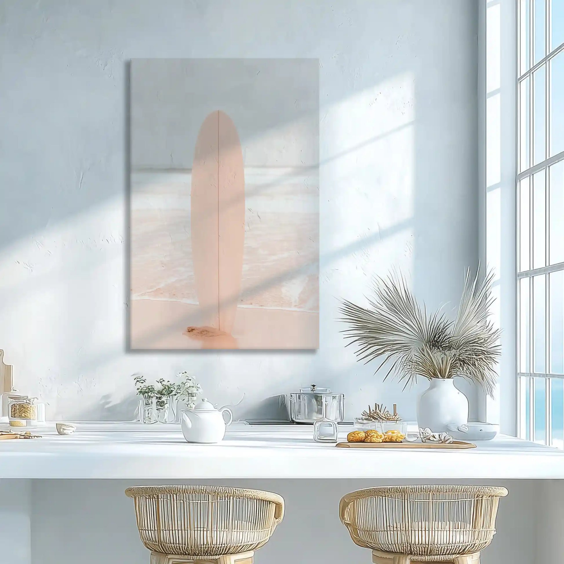 Neutral pink surfboard wall decor adding airy coastal charm to dining space