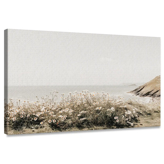 Minimalist coastal meadow canvas wall art for living room with soft earthy tones