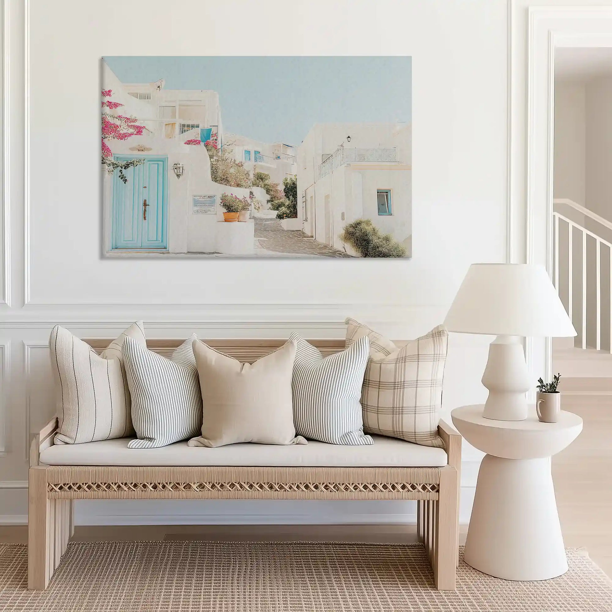 Tranquil Greek island canvas wall art complementing modern interiors