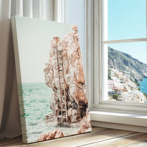 Rocky seaside cliff captured in a textured canvas print with minimalist coastal style