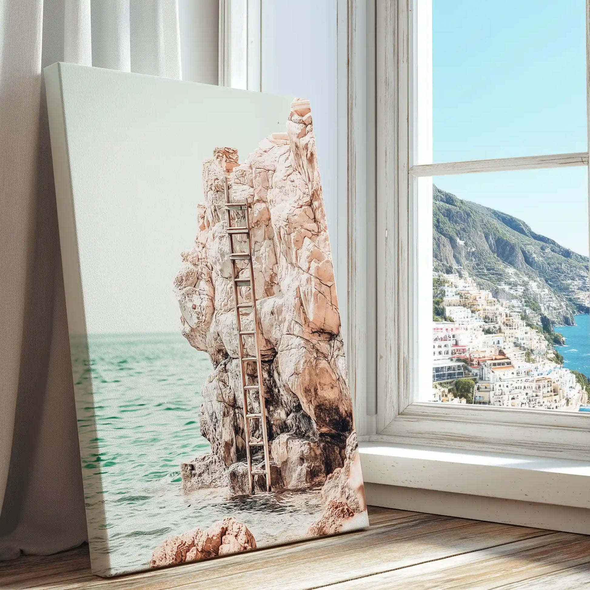 Rocky seaside cliff captured in a textured canvas print with minimalist coastal style