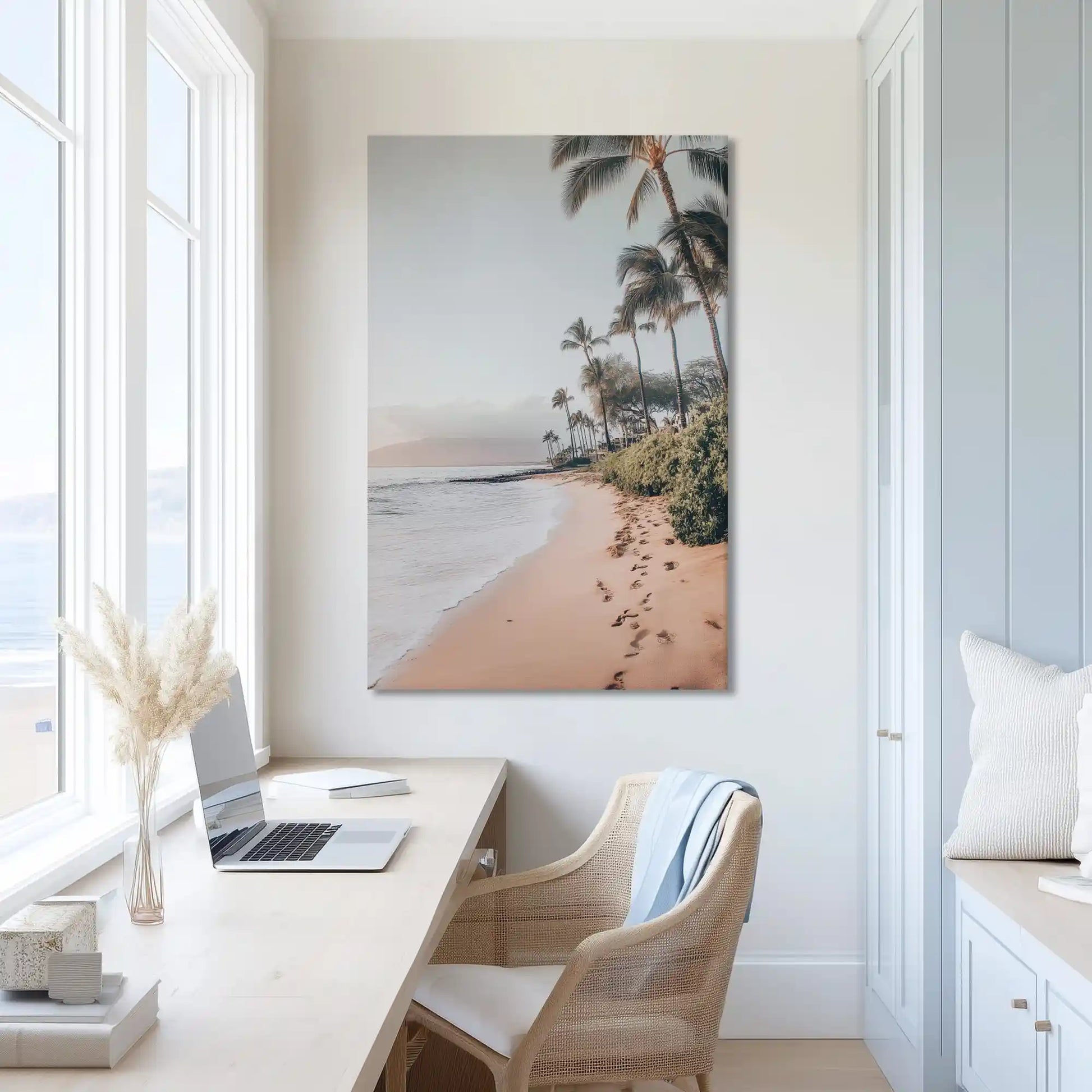 Extra large tropical beach canvas wall art showcasing palm trees and calm shoreline