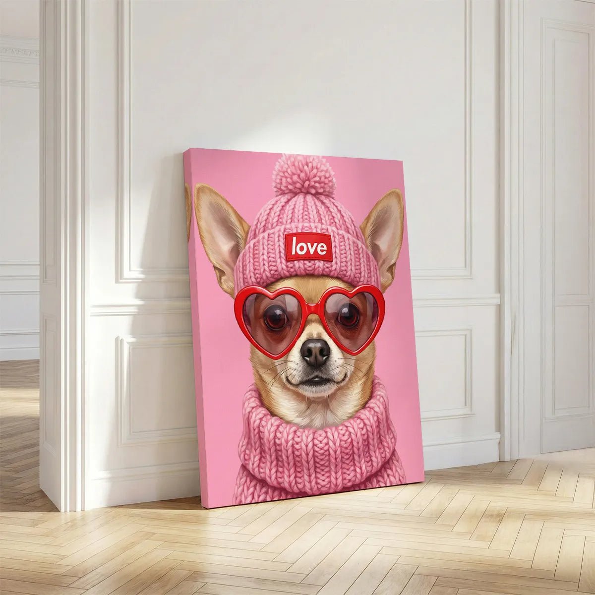 Modern canvas art featuring a centered dog portrait with saturated pink tones and affectionate, lighthearted mood