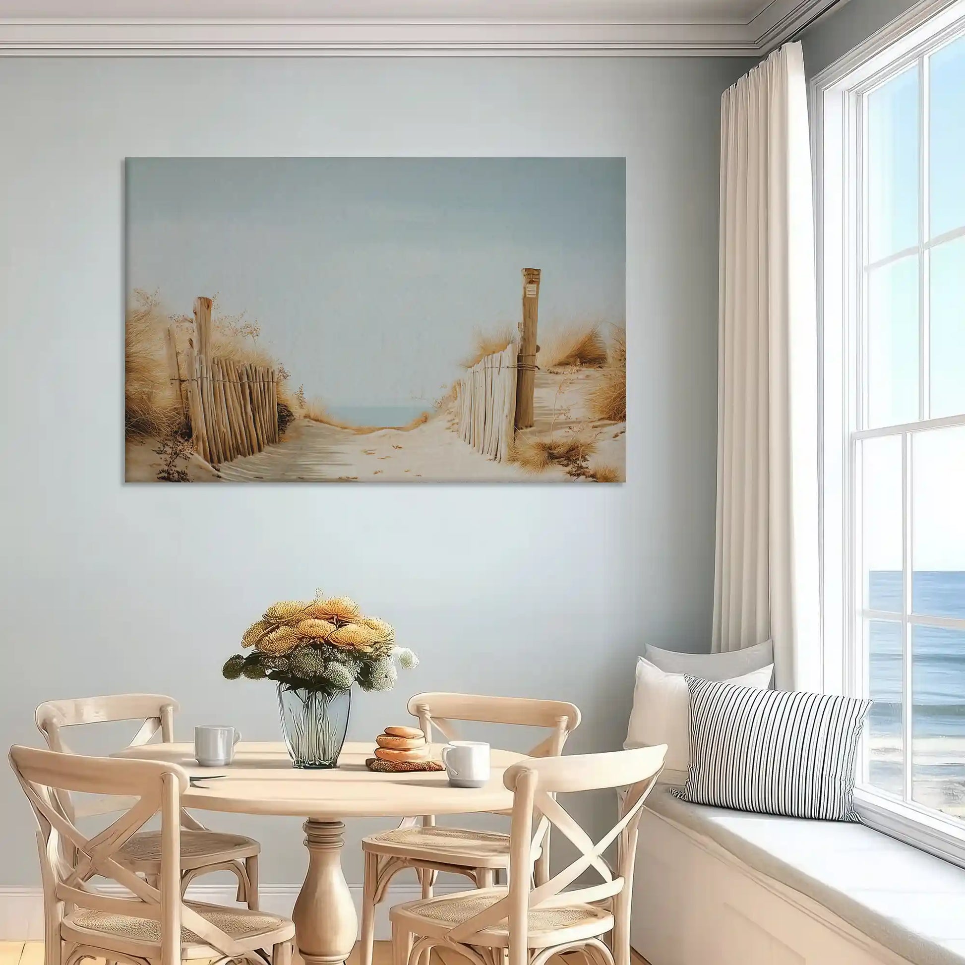 Pastel coastal walkway canvas art enhancing light and serene bedroom walls