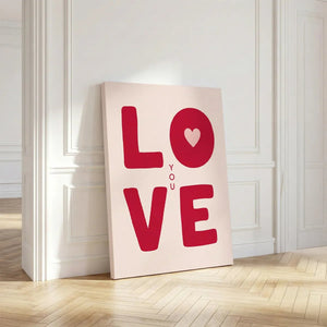 Fine art canvas with bold, clean lines forming the word LOVE and a heart symbol inside the O, conveying a cheerful mood