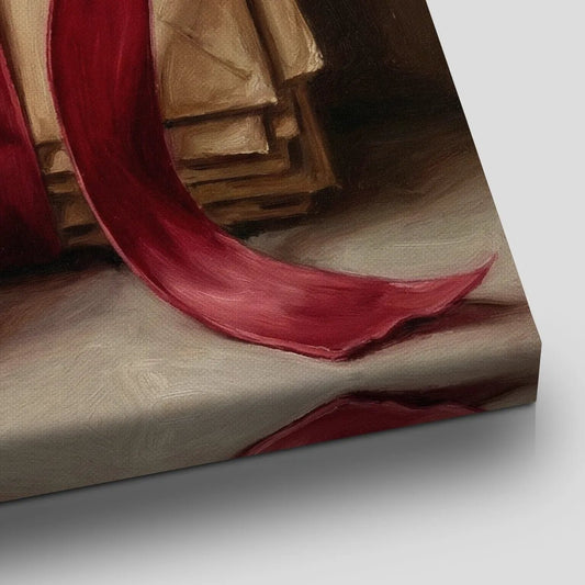 Realistic canvas wall art showing aged envelopes bound by a red ribbon with a heart wax seal, set against a soft neutral background