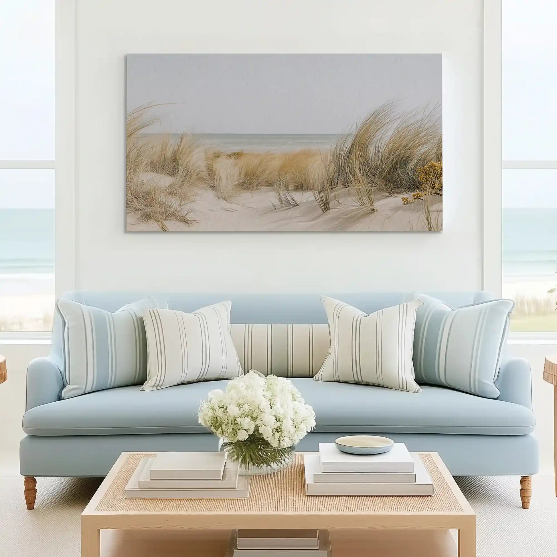 Tranquil coastal dune canvas wall art complementing Scandinavian-inspired décor