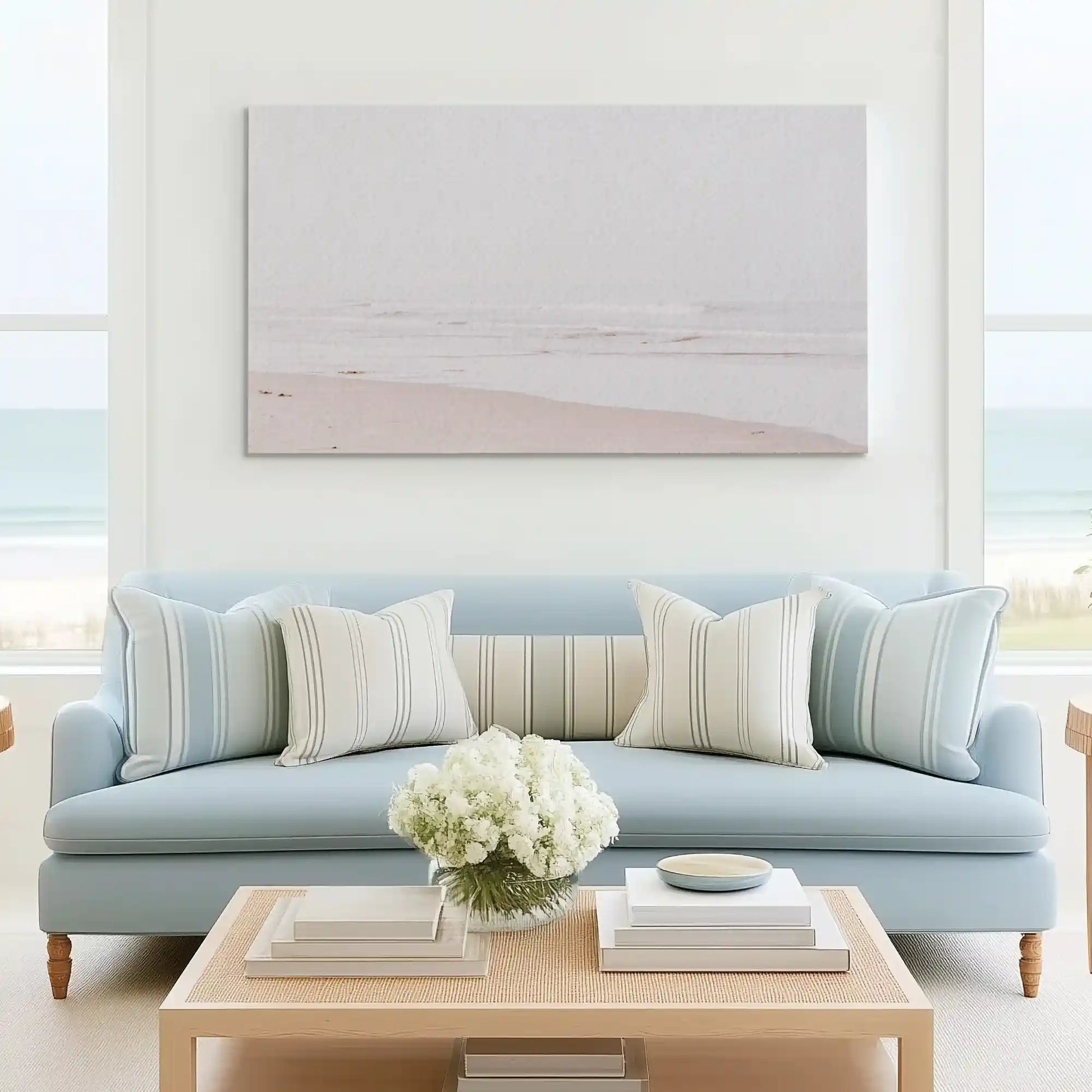 Tranquil ocean horizon canvas wall art complementing Scandinavian-inspired décor