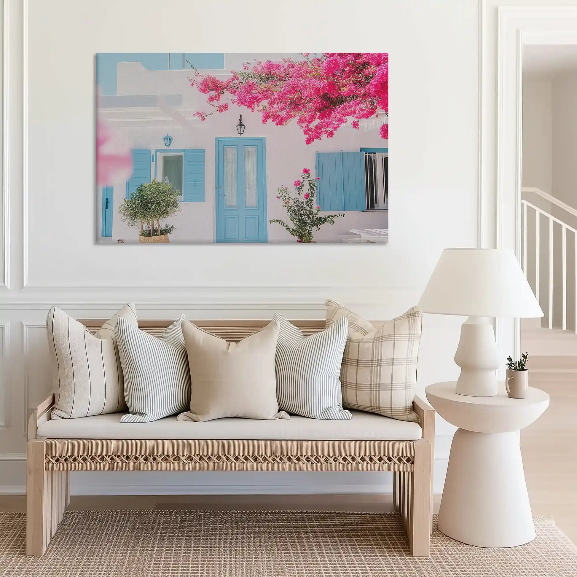 Coastal wall decor canvas in pastel blue and pink tones for modern living room interiors