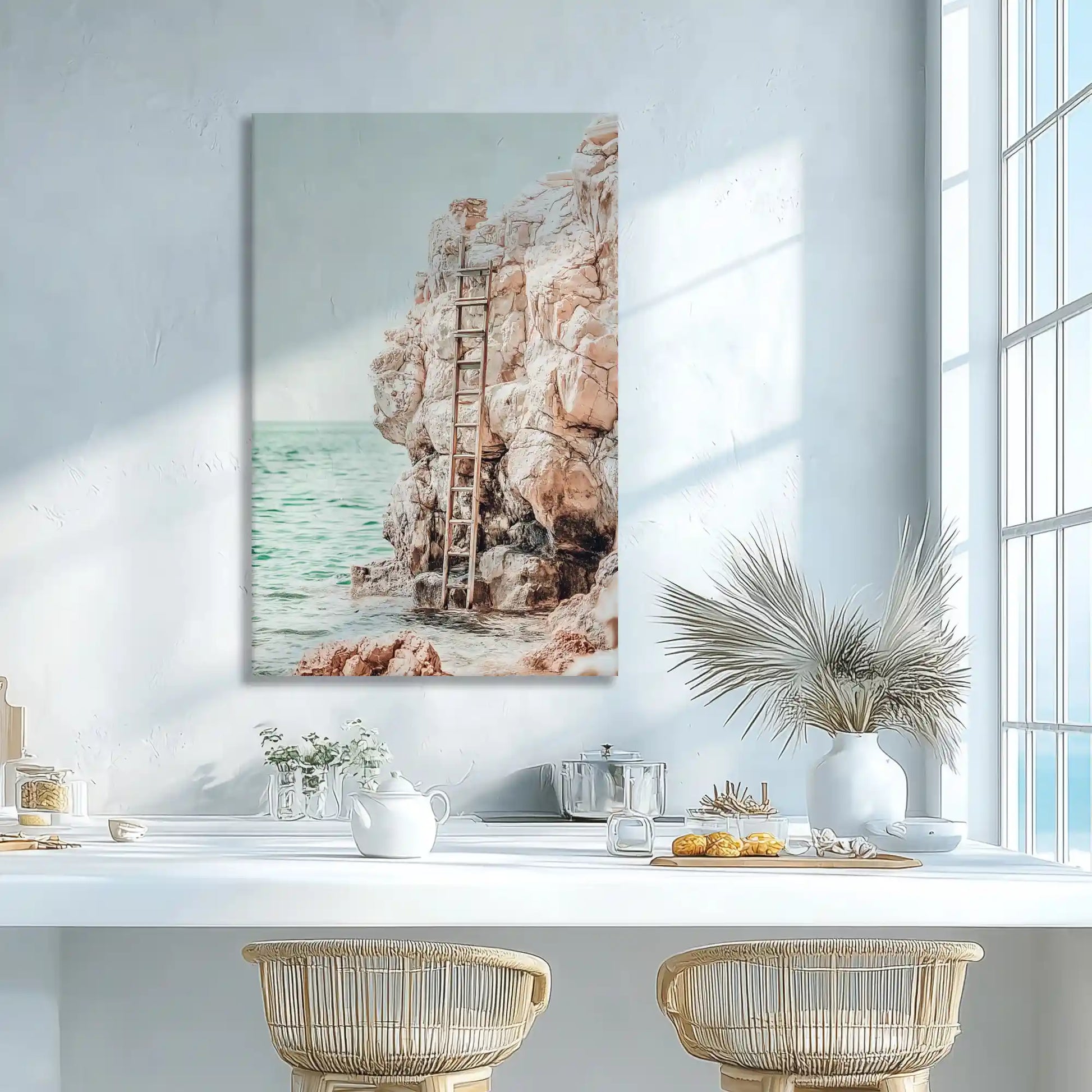 Soft aqua sea and rocky textures canvas print adding natural calm to wall decor