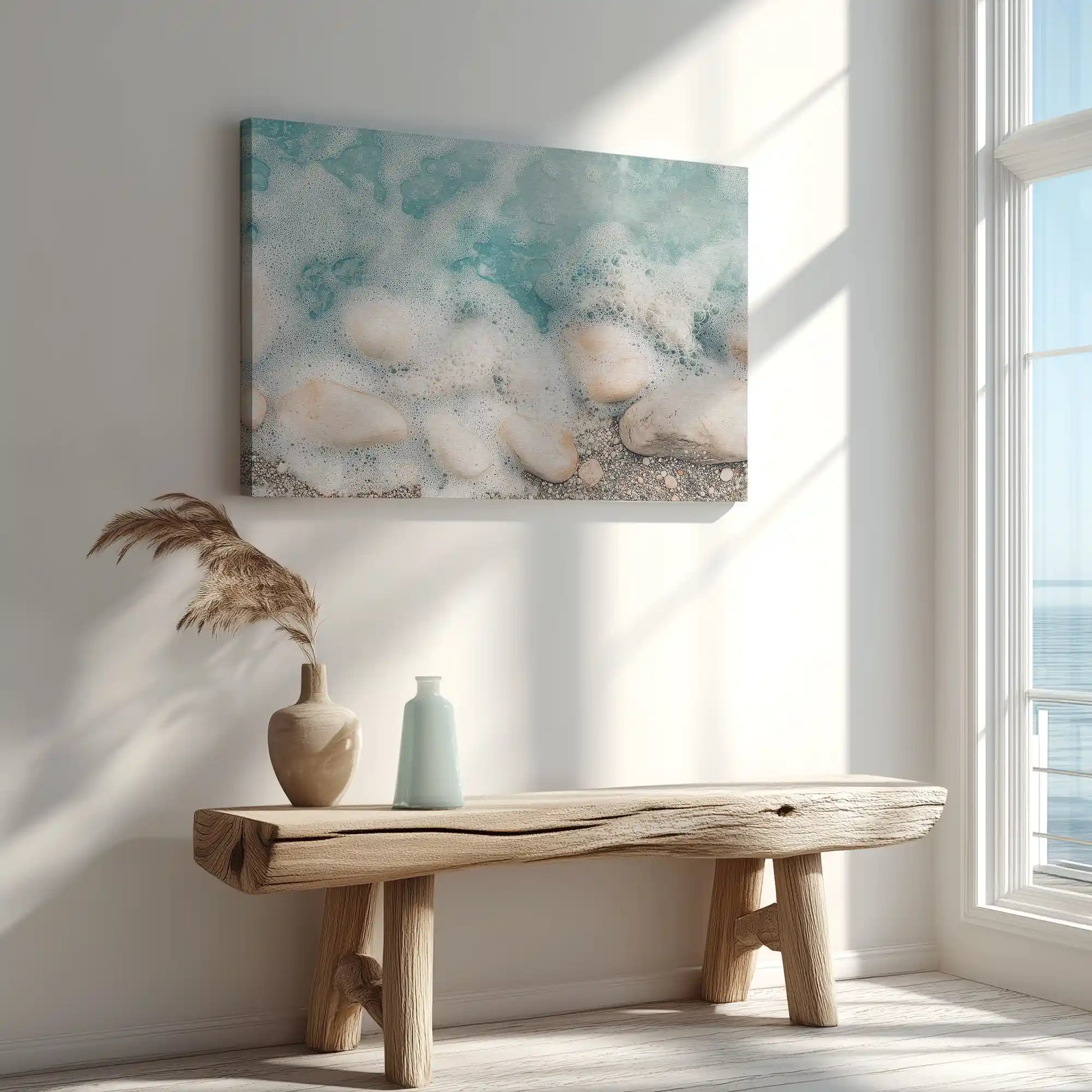 Rocky shoreline painting captured in canvas art with modern coastal style