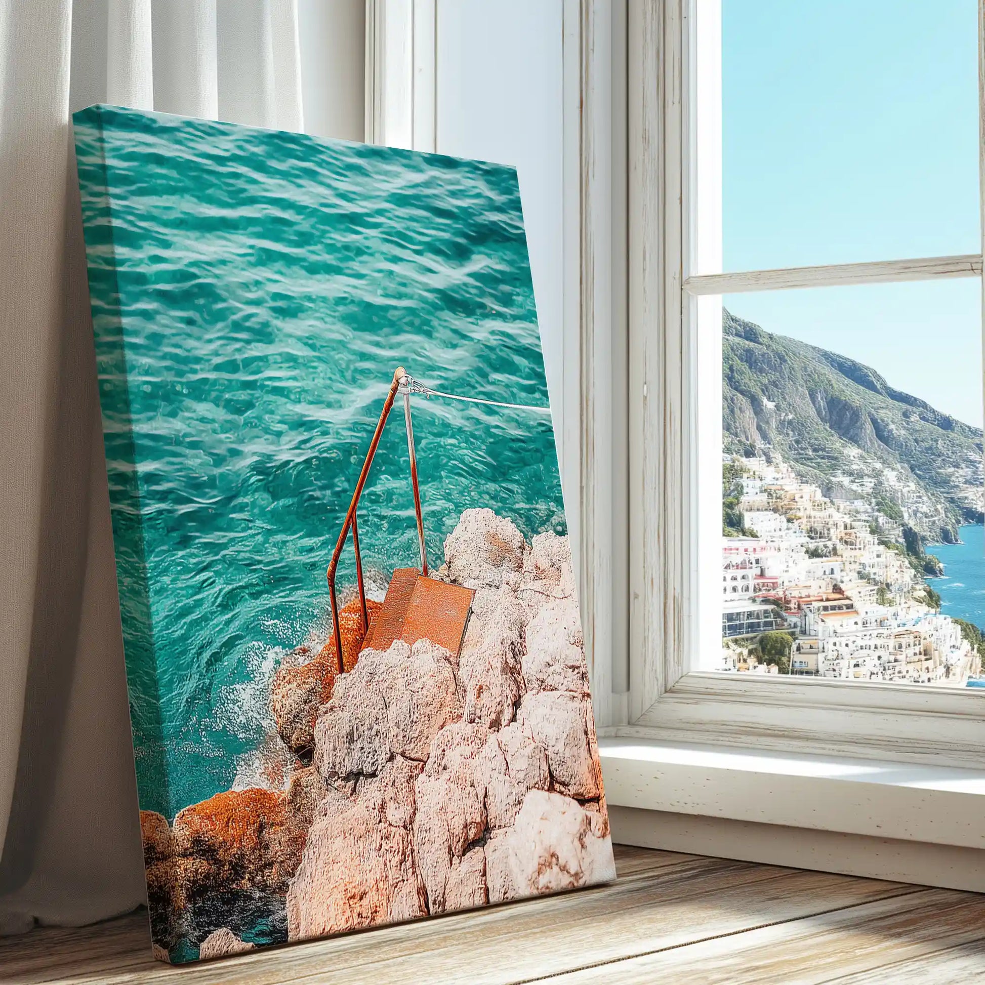 Rocky shore with steps into turquoise water captured in a coastal canvas print with bold style