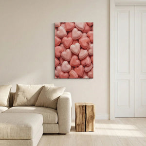 Fine art canvas showcasing a monochromatic palette of red and pink hearts, ideal for feminine or romantic interiors.
