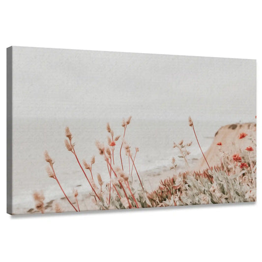 Minimalist coastal wildflower canvas wall art for living room with soft neutral tones