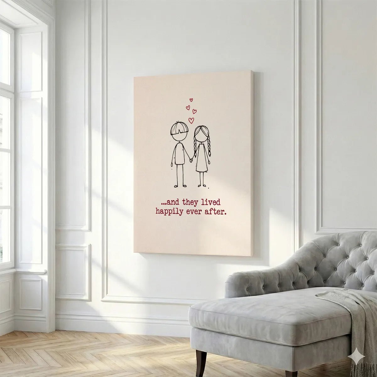 Minimalist canvas artwork depicting a cheerful stick figure couple with floating hearts and centered romantic typography.