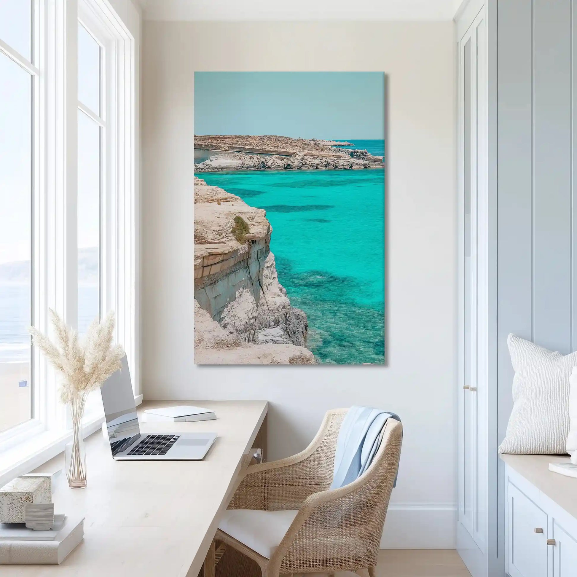 Extra large turquoise sea canvas wall art showcasing coastal cliffs for bright interiors
