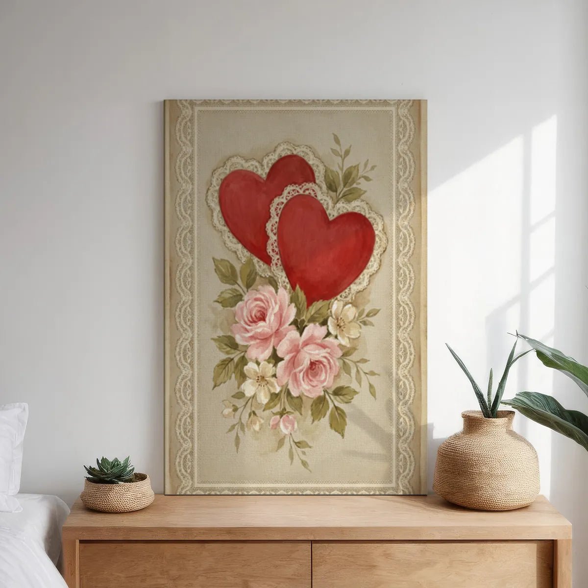 Decorative canvas print featuring a sentimental heart and rose motif in muted tones, suited to vintage or romantic bedroom decor.