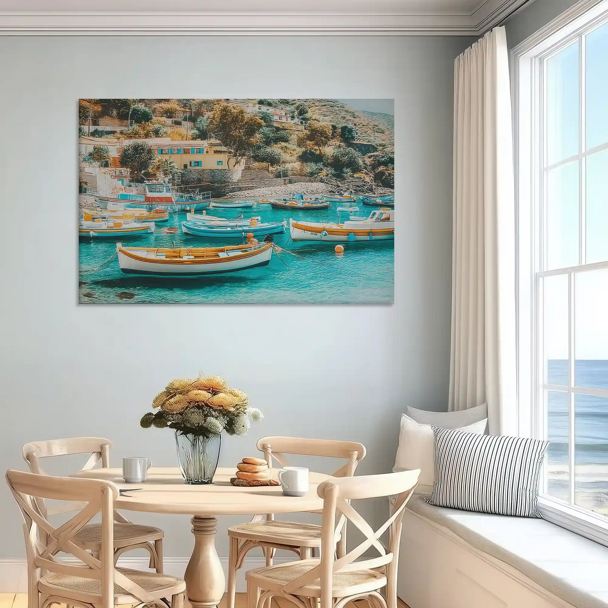 Colorful harbor boats canvas art enhancing cheerful and serene bedroom design