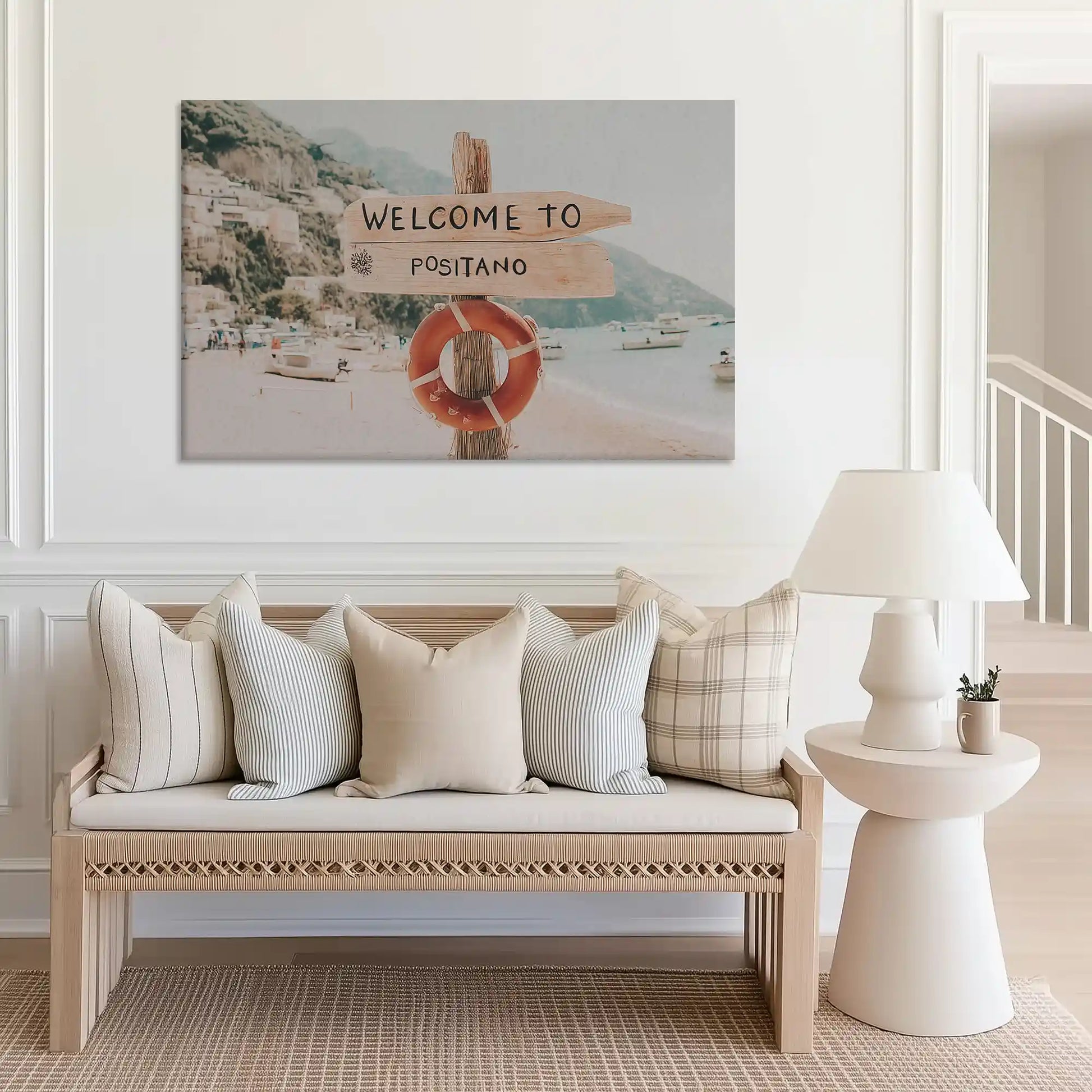 Mediterranean coastal wall art canvas with seaside town and rustic wooden sign design
