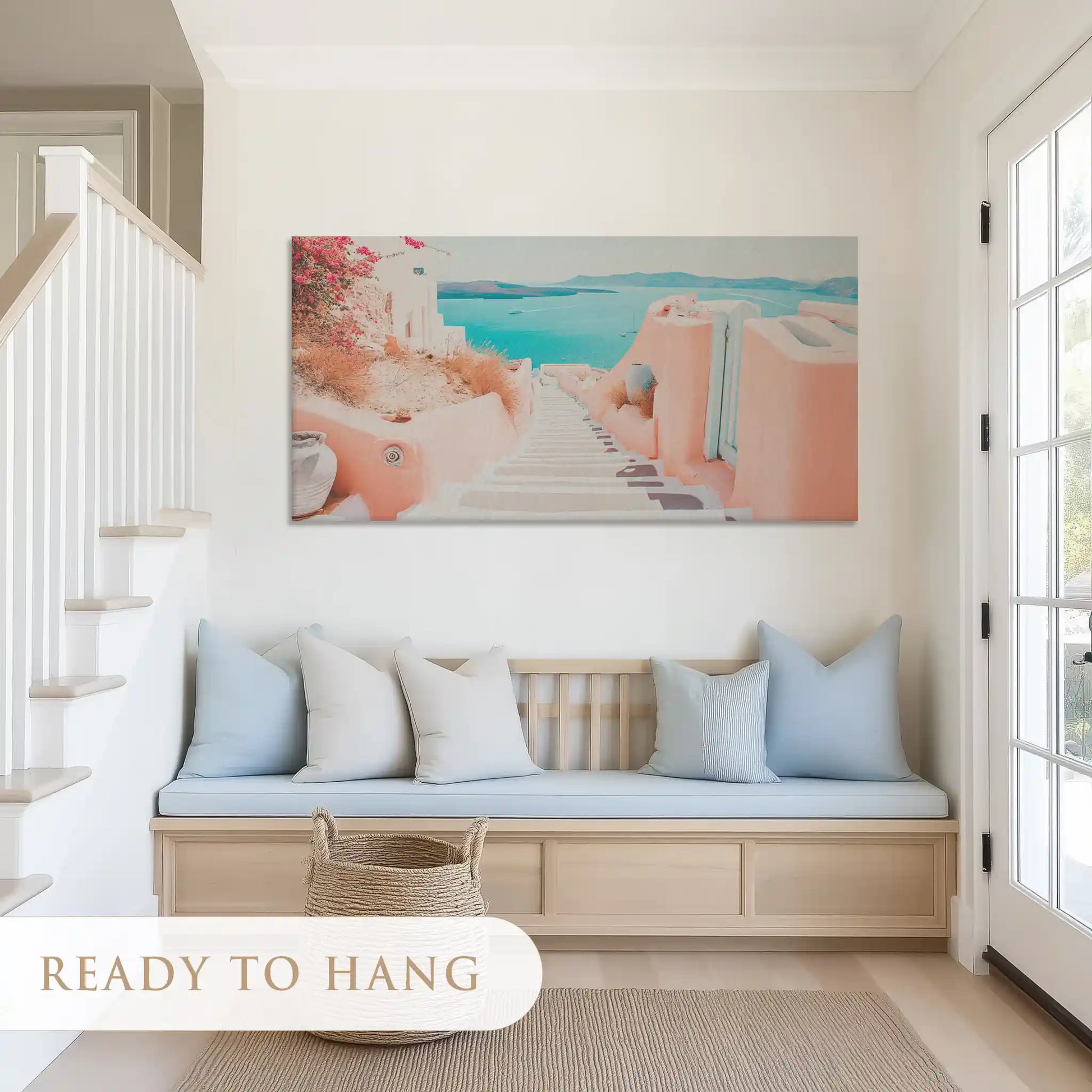 Peaceful sea horizon painting in coral hues ideal for coastal dining room wall decor
