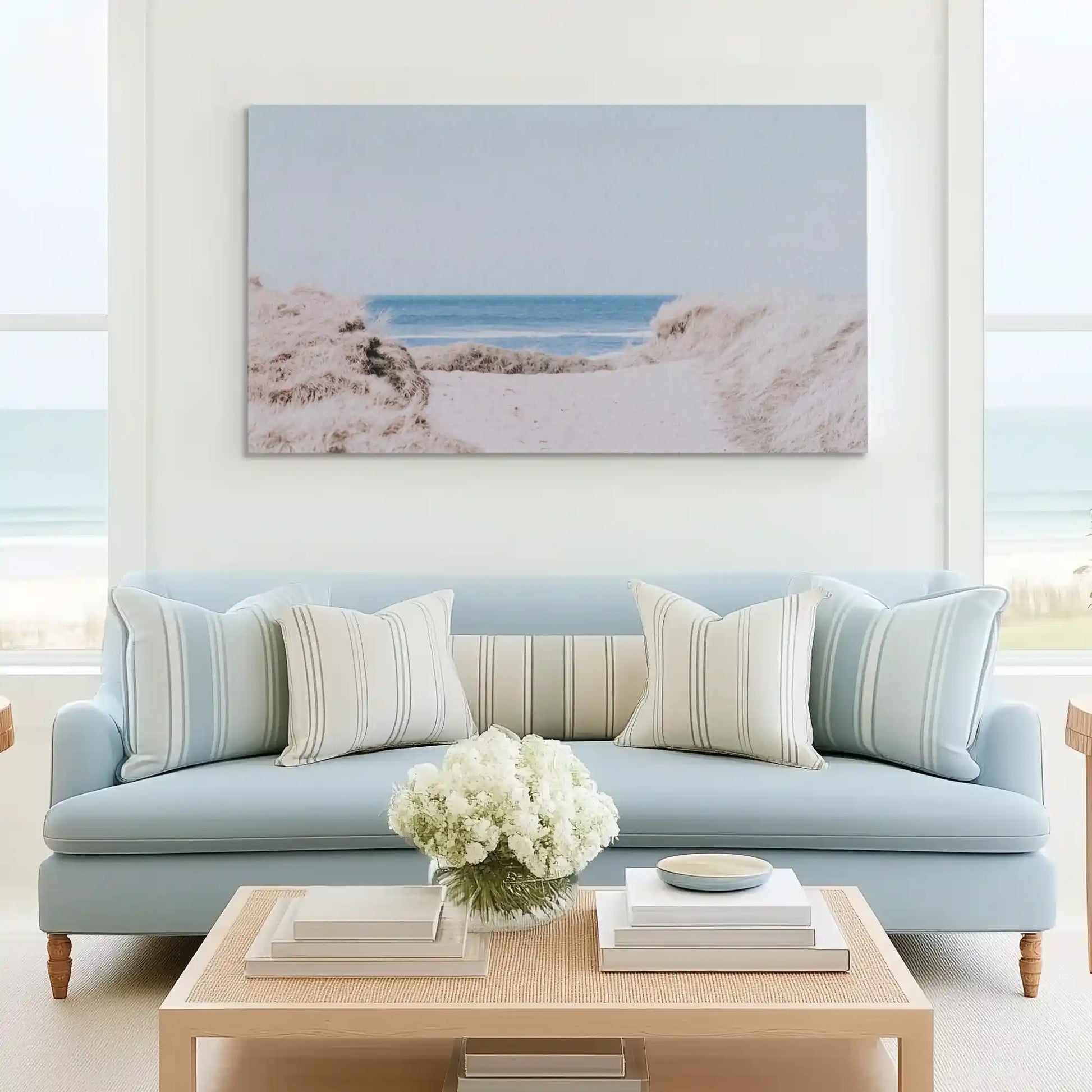 Peaceful shoreline canvas wall art complementing Scandinavian-inspired living space
