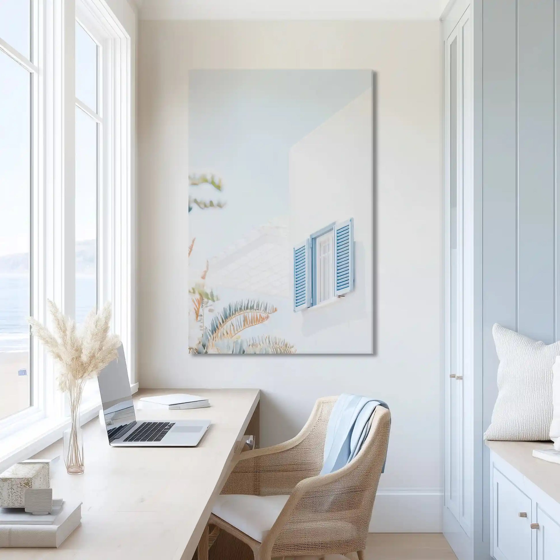 Extra large blue shutter canvas wall art showcasing Mediterranean charm for bright interiors