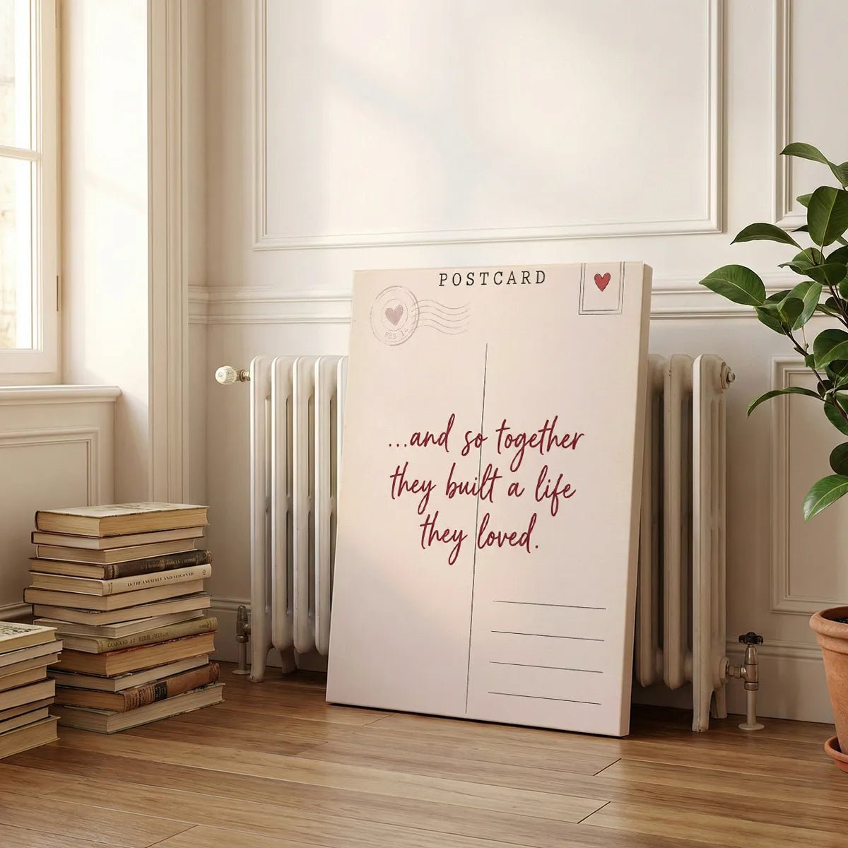 Gallery wrapped canvas showing a simple yet nostalgic postcard composition with love-themed text and symbols.