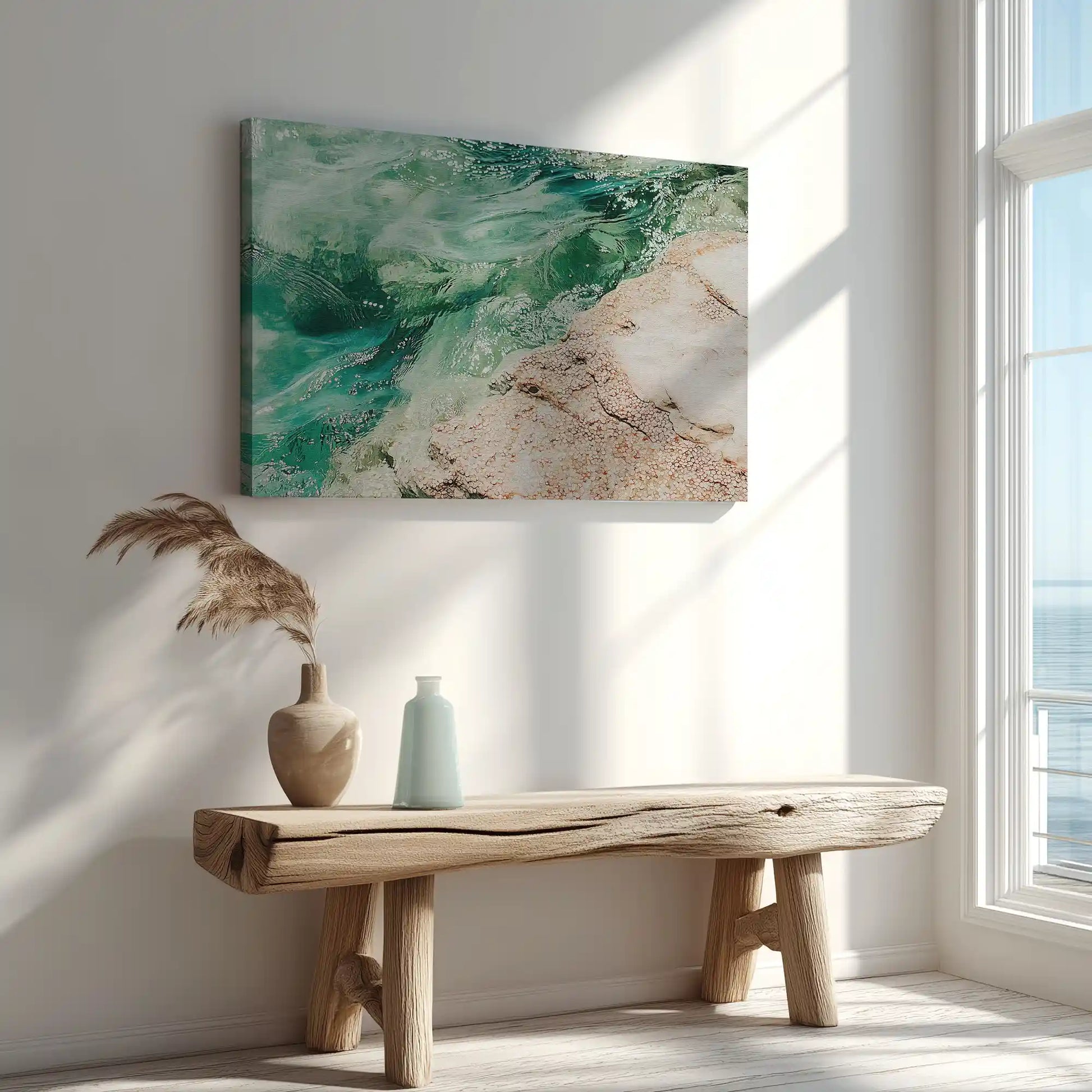 Ocean wave motion painting captured in canvas art with bold abstract coastal style