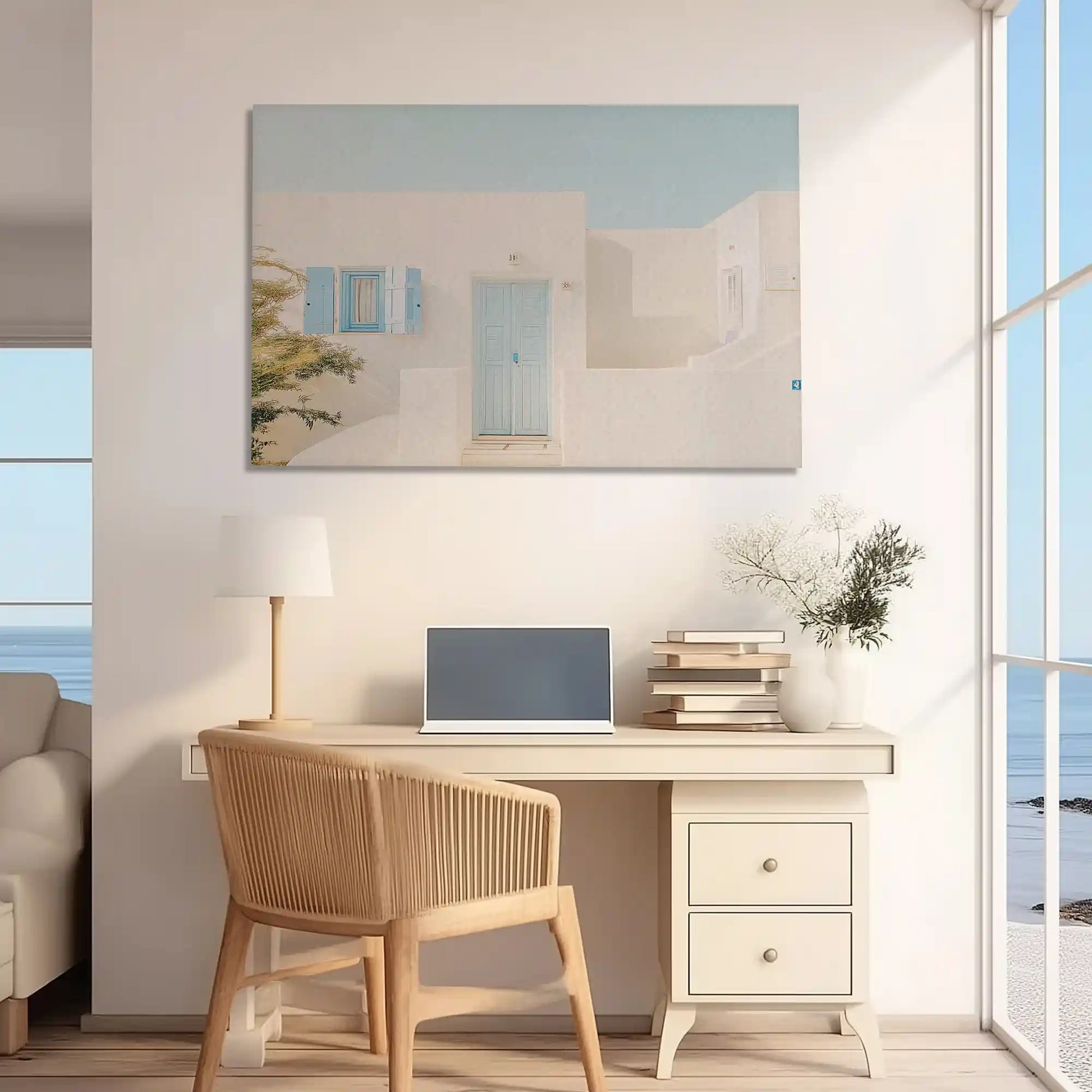 Oversized seaside village canvas print styled as natural wall decor for homes