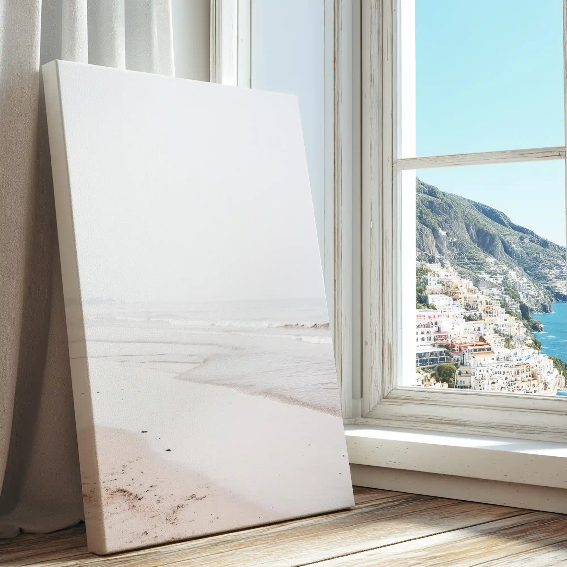 Tranquil shoreline with soft waves captured in a pastel canvas print with minimalist style