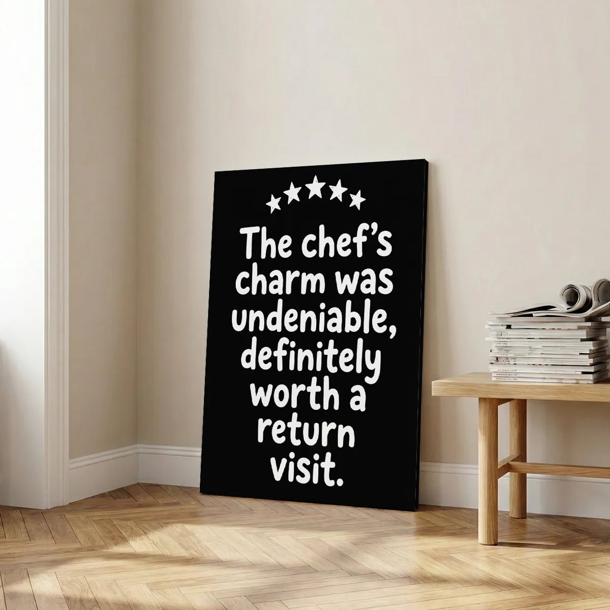 Contemporary canvas artwork showing a lighthearted food-themed quote in white text with uniform lines and flat rendering.