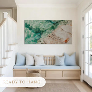Tranquil shoreline canvas art blending sandy tones and aqua hues for serene living room