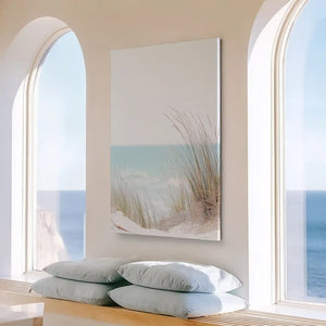 Large vertical beach grass painting perfect for brightening modern living room wall space